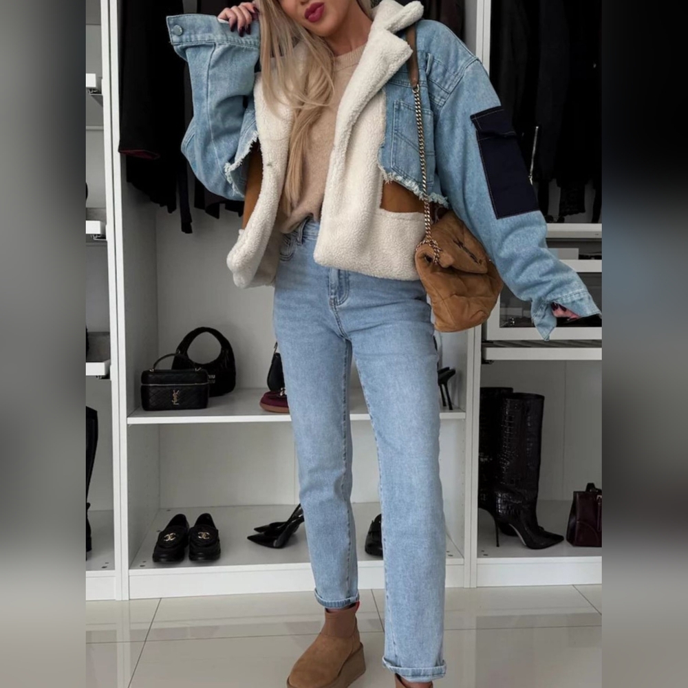 Stylish Sherpa Comfortable Warm Denim Jacket - Picture 4 of 9